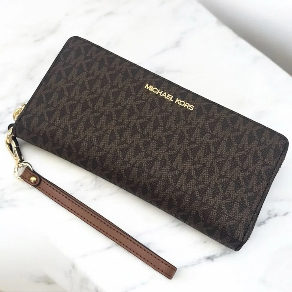 Michael Kors Large Continental Wallet Wristlet Brown Signature